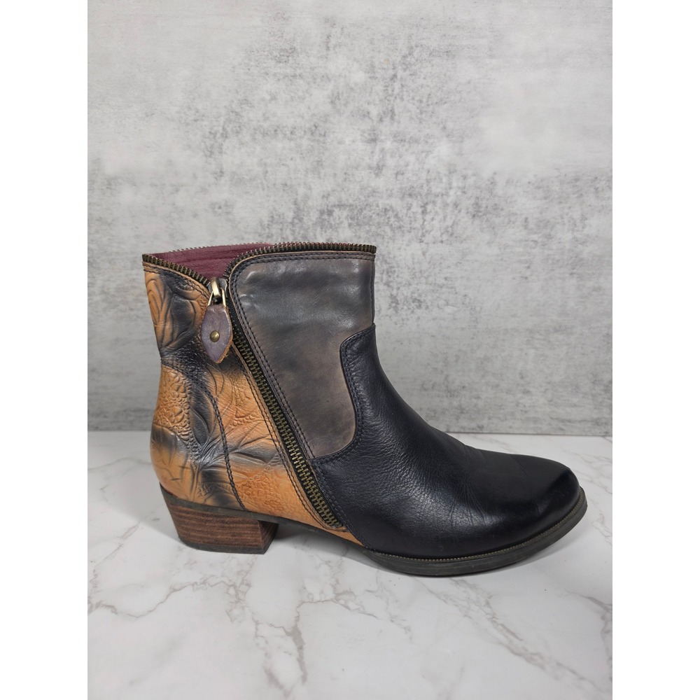 Knixmax Outdoor Women Black Tan Embossed Floral Leather Ankle Boots Erminia 39